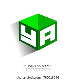 Letter YA logo in hexagon shape and green background, cube logo with letter design for company identity.

