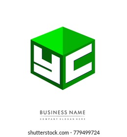 Letter YC logo in hexagon shape and green background, cube logo with letter design for company identity.
