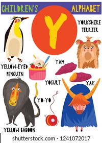 Letter Y.Cute children's alphabet with adorable animals and other things.Poster for kids learning English vocabulary.Cartoon vector illustration.