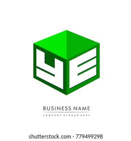Letter YE logo in hexagon shape and green background, cube logo with letter design for company identity.
