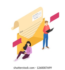 Letter in yellow envelope. Postal message for communication. Mail correspondence concept. Isolated vector isometric illustration