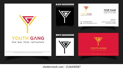 Letter YG Glass Wine Logo, Business Card Template, Initial Y and G Monogram Vector Bar Logo 