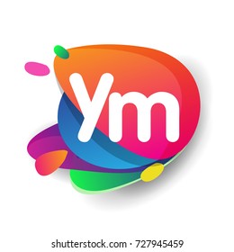 Letter YM logo with colorful splash background, letter combination logo design for creative industry, web, business and company.