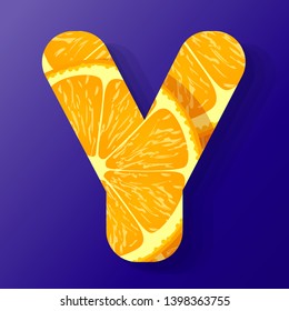 Letter Y,made of orange fruit slices, isolated on a dark blue background, vector illustration