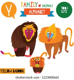 Letter Y-Mega big set.Cute vector alphabet with family of animals in cartoon style.