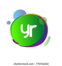 Letter YR logo with colorful splash background, letter combination logo design for creative industry, web, business and company.

