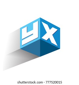 Letter YX logo in hexagon shape and blue background, cube logo with letter design for company identity.
