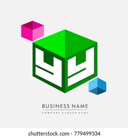 Letter YY logo in hexagon shape and green background, cube logo with letter design for company identity.
