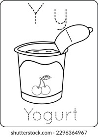 Letter Yy uppercase and lowercase, cute children coloring a yogurt, ABC alphabet tracing practice worksheet of a yogurt for kids learning English vocabulary, and handwriting vector illustration