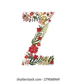 Letter Z - 26 letter of the alphabet. Vector hand-drawn monogram composed of flowers, branches and leaves on a white background.