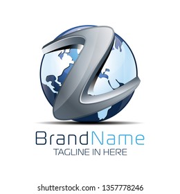 Letter Z with 3D Logo style crossing the globe with blue and silver in color