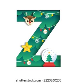 Letter Z Alphabet Font Cute Merry Christmas Concept Reindeer Star Snowglobe Christmas Tree Character Font Christmas Element Cartoon Green 3D Paper Layer Cutout Card Vector Illustration