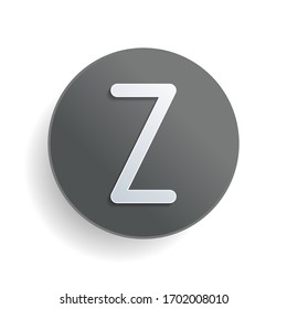 Letter Z of alphabet, isolated outline symbol. White paper symbol on gray round button or badge with shadow