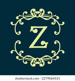 Letter Z Alphabet Logo with Luxury Decorative Golden Frame. Elegant Curl Floral Ornament.