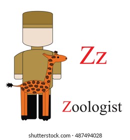 Letter Z alphabet of professions. Zoologist. ABC education cards for kids.