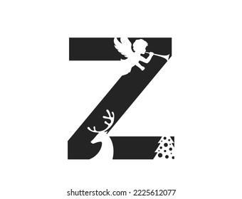 letter z and angel  deer   christmas tree  initial letter for Christmas   New Year design  isolated vector image in simple style