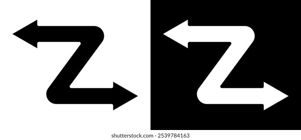 Letter Z with arrows like logo or icon. Black shape on a white background and the same white shape on the black side.