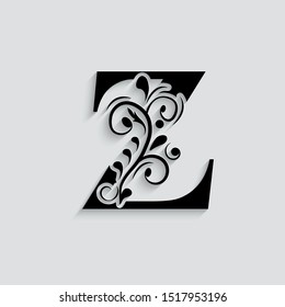 letter Z. Black flower alphabet.  Beautiful capital letters.