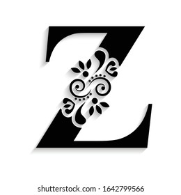 letter Z. Black flower alphabet.  Beautiful capital letters with shadow