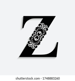 letter Z. Black flower alphabet.  Beautiful capital letters with shadow