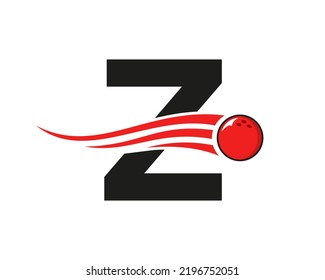 Letter Z Bowling Logo. Bowling Ball Symbol With Red Moving Ball Vector Template