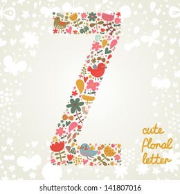 The letter Z. Bright floral element of colorful alphabet made ??from birds, flowers, petals, hearts and twigs. Summer floral ABC element in vector