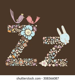 The letter Z. Bright floral element of colorful alphabet Cute Animal, flowers, and twigs. floral ABC element in vector