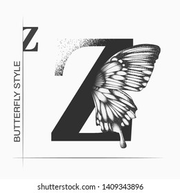 Letter Z with butterfly silhouette. Monarch wing butterfly logo template isolated on white background. Calligraphic hand drawn lettering design. Alphabet concept. Monogram vector illustration. EPS 10