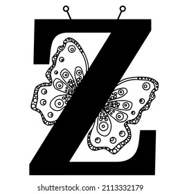 Letter Z with butterfly silhouette. Wings butterfly logo template isolated on white background. Calligraphic hand drawn lettering design. Alphabet concept. Monogram vector illustration.
