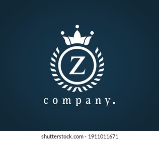 Letter Z calligraphic and crown monogram. Laurel elegant beautiful round identity. The vintage emblem for Royalty, Restaurant, Boutique, Hotel, Heraldic, Jewelry, Cafe, Brand name, label. Eps 10.