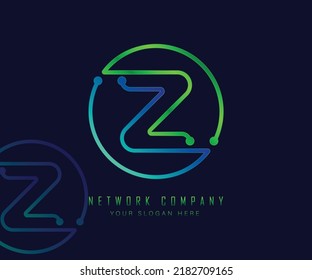 Letter Z in circle with network, technology and connection dot concept