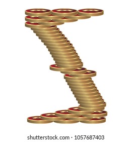 Letter Z of coins. Golden letters.Vector font style made of enormous amount of bitcoins. letter on white background. 