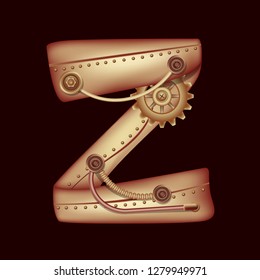 Letter Z from the complete set of characters of the font. Symbol of the Latin alphabet and English language. Copper and brass fantasy mechanical steampunk construction with tubes, gears and rivets.