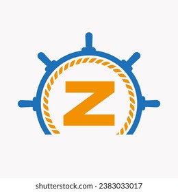 Letter Z Cruise Steering Logo. Yacht Symbol, Ship Logotype, Marine Sign Template
