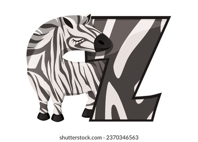 Letter Z and a cute cartoon zebra. Kids English alphabet. It is suitable for the design of postcards, books, leaflets and banners