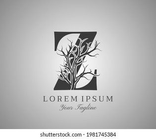 Letter Z With Dead Tree Design Logo Icon. Creative Alphabetical Creepy Dry Tree Brach Nature Logo Template.