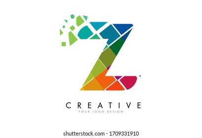 Letter Z Design with Rainbow Shattered Blocks Vector Illustration. Pixel art of the Z letter logo. 