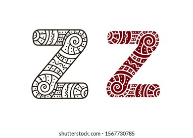 Letter Z with doodle patterns in hand drawing style isolated on white background. Coloring and illustration vector in lines. For inscriptions, naming, alphabet for children, initials.