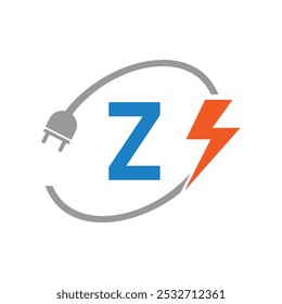 Letra Z Concepto de logotipo eléctrico con enchufe eléctrico y símbolo de potencia. Diseño de logotipo eléctrico