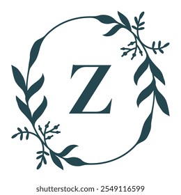 Letter Z In Elegant Floral Oval Frame. Leafy Christmas Wreath. Vector Illustration Isolated On White Background.