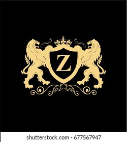 Letter Z Elegant logo with two lions and shield vector design. Coat of arms