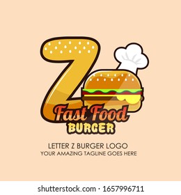 Letter Z Fast Food Burger Logo Design for Brand Label Food and Menu Restaurant or Cafe with Chef’s Hat on Pink Background. Lettering Vector illustration. Design Template Concept
