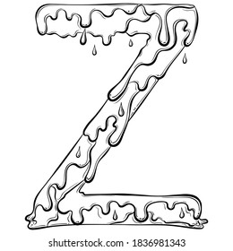 Letter Z with flow drops and goo splash. Dripping liquid symbol. Vector trendy font made in hand drawn line art style isolated on white background. Slime logo or initial letter.