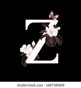 Letter Z, flowers flowering sakura branches and butterfly isolated. Vector decoration. Black, white and gold. Vintage illustration. Floral pattern for greetings, wedding invitations, text design.