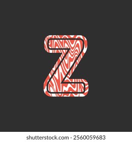 Letter Z from fresh raw meat fish. Vector latin meat alphabet. Red meat salmon font for restaurants, butcher shop, farmers market, Salmon fillet marble texture, fish pattern. 