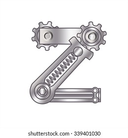  The letter "Z" with gears, spare parts, bolt, screw, circuit, chain, range, spring (resilience, resiliency, tension, springiness elasticity). Mechanical Construction. Metal and Gradient. 