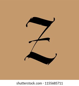 Letter Z, in the Gothic style. Vector. Alphabet. The symbol is isolated on a golden background. Calligraphy and lettering. Medieval Latin letter. Logo for the company. Elegant font for tattoo.