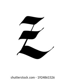 Letter Z, in the Gothic style. Vector. Alphabet. The symbol is isolated on a white background. Calligraphy and lettering. Medieval Latin letter. Logo for the company. Monogram. Elegant font for tattoo