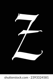 Letter z, in the Gothic style. Vector. Alphabet. The symbol is isolated on a black background. Calligraphy and lettering. Medieval Latin letter. Logo for the company. Monogram. Elegant font for tattoo