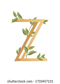 Letter Z mit Farbverlauf beige Farbe mit grünen Blättern öko Schriftart flache Vektor-Abbildung isoliert auf weißem Hintergrund